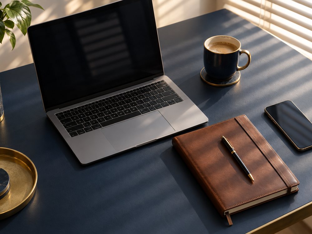A calm desk with a laptop, notepad, and coffee, representing starting a free case review