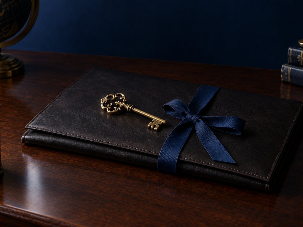 A brass key resting on a closed, ribbon-tied leather portfolio, representing retaining direct control of your own claim