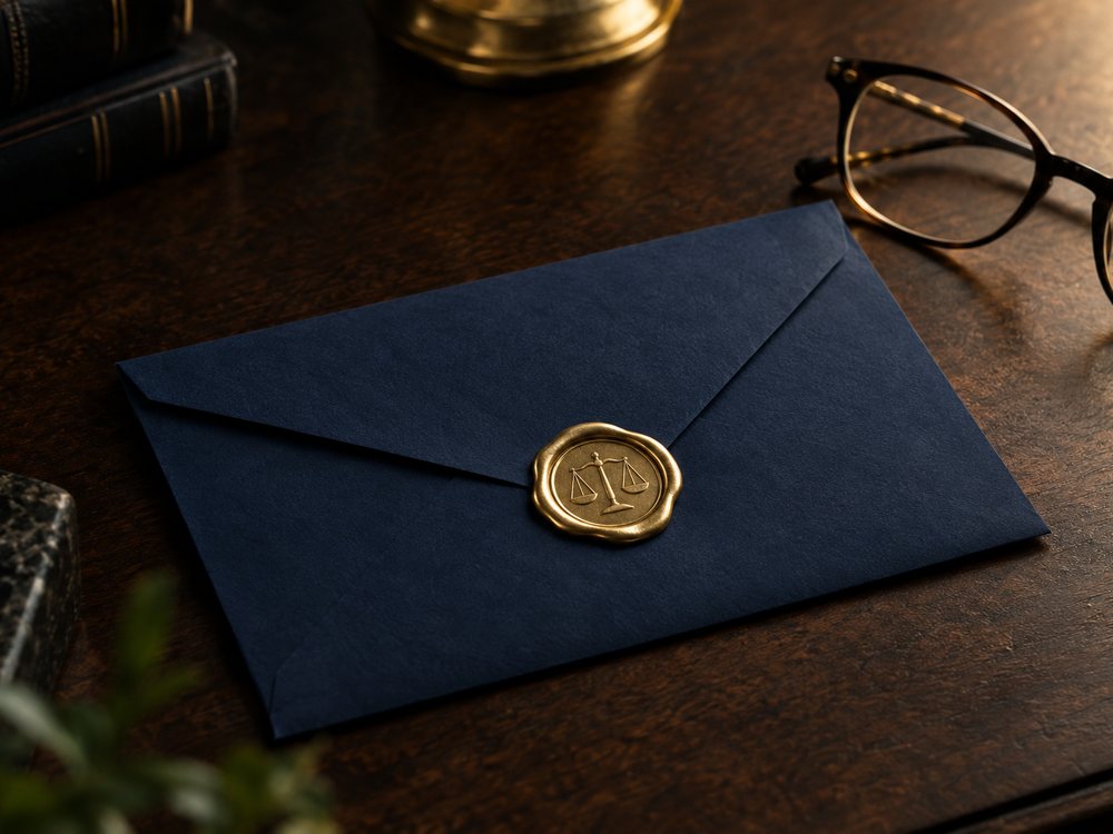 A sealed navy envelope with a gold wax seal, representing an official notice about surplus funds or unclaimed property