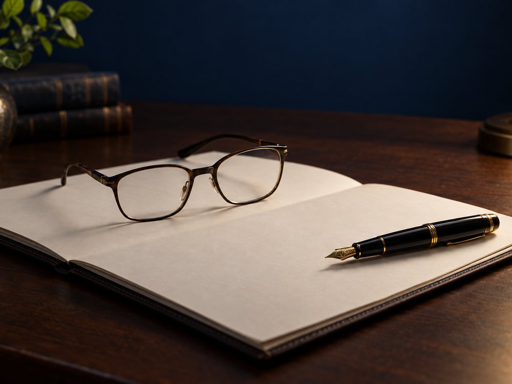 Reading glasses and an untouched pen resting on an open blank page, representing an informed choice made without pressure