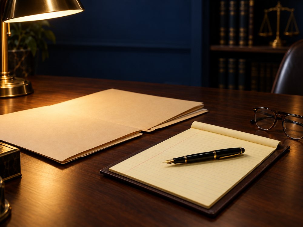 An open case file, notepad, and reading glasses on a desk, representing a personal attorney case review