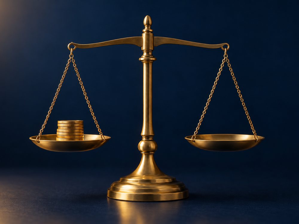 A brass balance scale weighing a stack of gold coins, representing fair contingency-based attorney fees