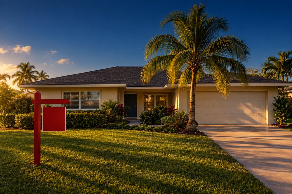 Florida residential property with a for-sale sign, representing a home sold at foreclosure auction