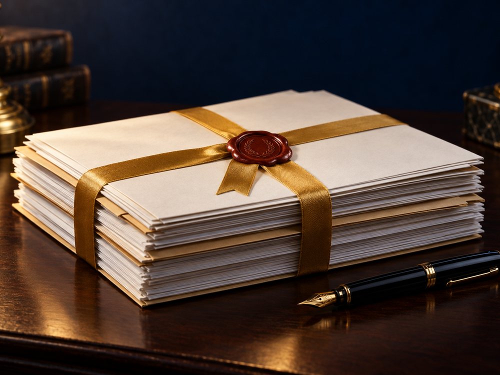 A stack of legal filing documents bound with a gold ribbon and wax seal, representing filing and representation