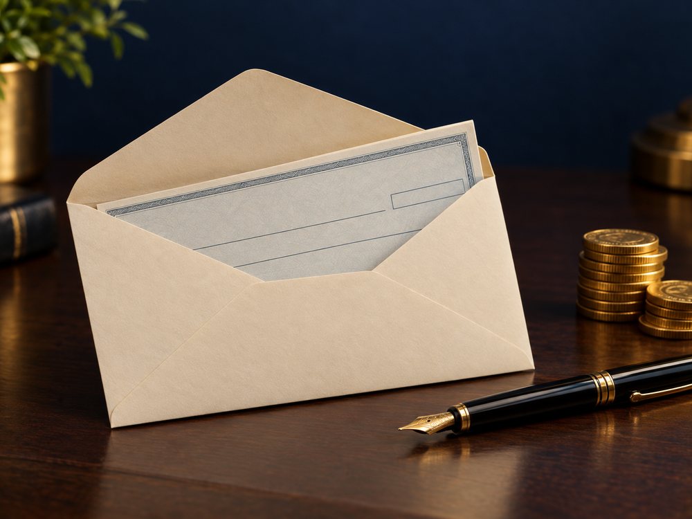 An open envelope with a check and a small stack of gold coins, representing funds being disbursed