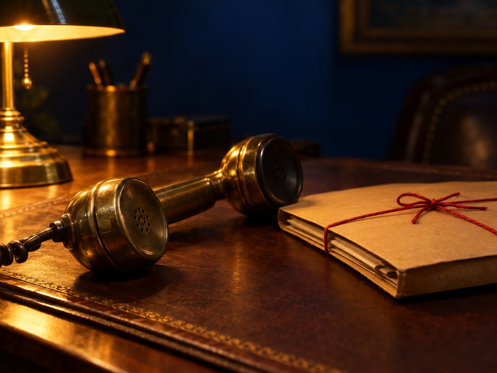 A vintage telephone and a string-tied intake folder on a desk, representing the free case review step