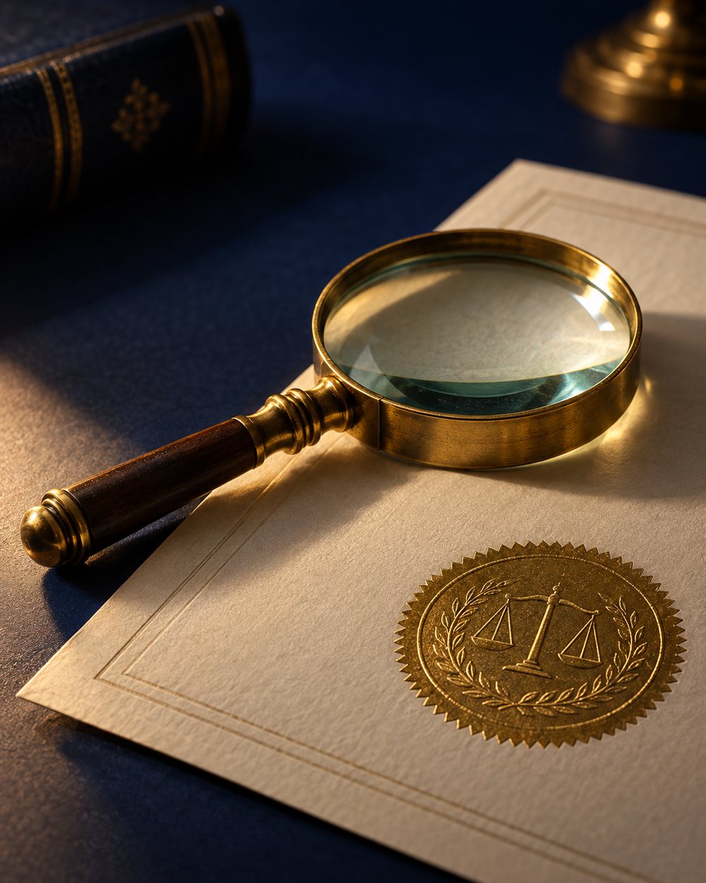 A magnifying glass over an official sealed legal document, representing claim verification