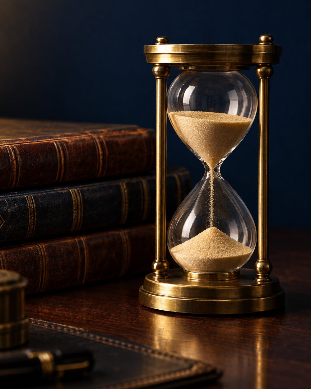 A brass hourglass with sand flowing, resting beside stacked leather ledgers, representing the strict filing deadline